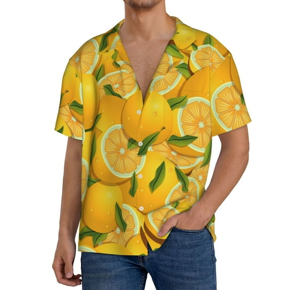 Goofa Yellow Limes Printed Men's Casual Short-sleeved Shirt,Lightweight Breathable Button-down,Summer Casual men's top,Versatile Fashion shirt-