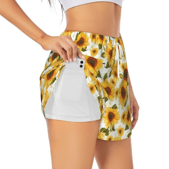 Goofa Yellow Polka Dot Sunflower Printed Women 2 in 1 Running Shorts,Quick Dry Athletic Workout Shorts,High Waisted Athletic Shorts with Liner Pockets-Medium