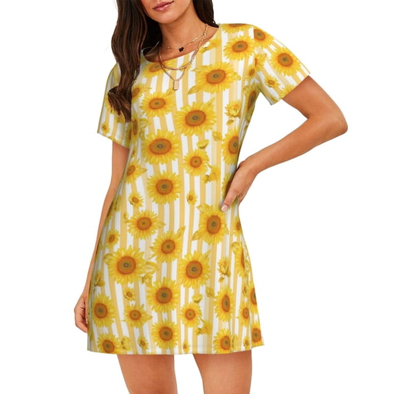 Goofa Yellow White Striped Sunflower Print Women’s Cotton Nightdress – Short-Sleeved Sleep Dress, Casual Loose-Fit Lounge Wear, Comfortable and Stylish Sleepwear for Women