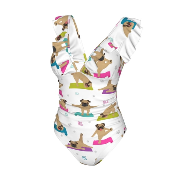 Goofa Yoga Dogs Poses Print Women's Ruffled One Piece Swimsuit V Neck