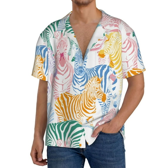 Goofa Zebra Colourful Printed Men's Casual Short-sleeved Shirt,Lightweight Breathable Button-down,Summer Casual men's top,Versatile Fashion shirt-Large
