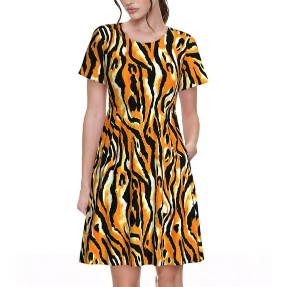 Goofa Zebra Pattern Women Summer Short Sleeve Midi Dress with Pockets Casual Aline Flowy Tshirt Dress Vocation Beach Sundress