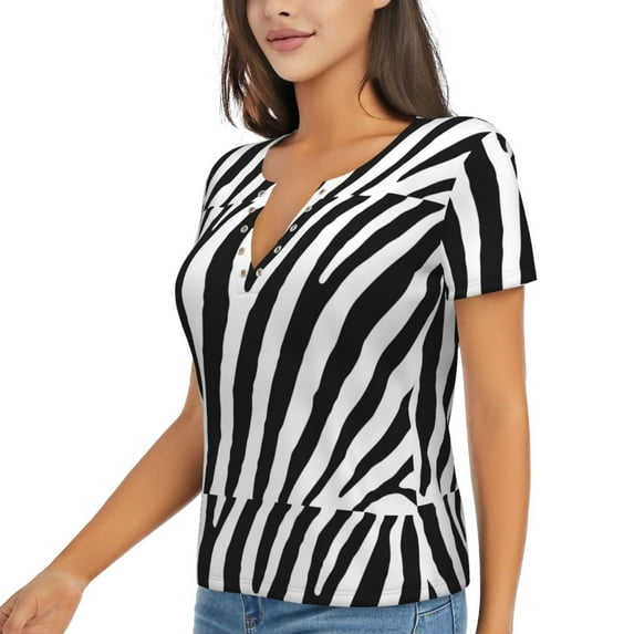 Goofa Zebra Pattern Womens Deep V Neck Low Cut Tops Casual Summer Short Sleeve Ribbed Knit T-Shirts-Large