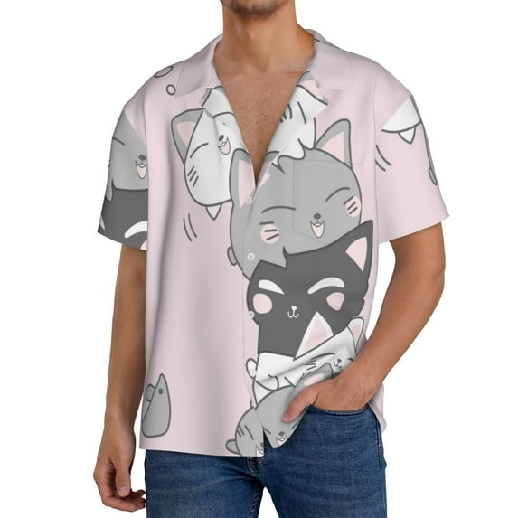 Goofa cat Printed Men's Casual Short-sleeved Shirt,Lightweight Breathable Button-down,Summer Casual men's top,Versatile Fashion shirt-4X-Large
