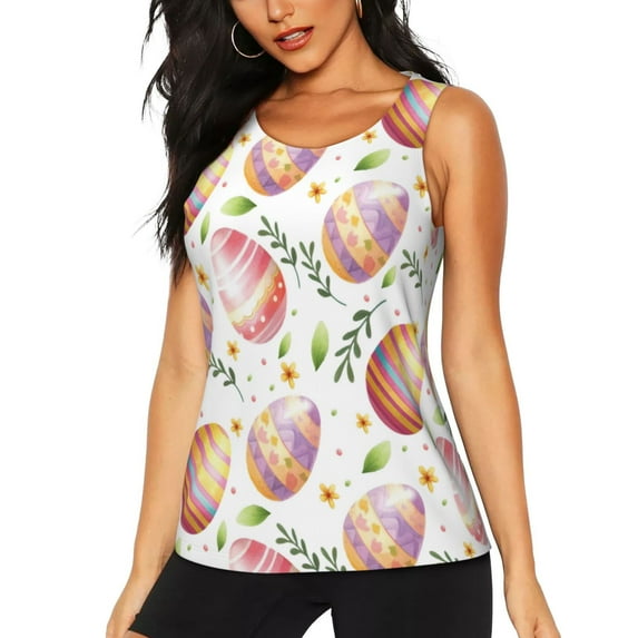 Goofa colorful easter eggs Printed Womens Workout Tops for Women Sleeveless Yoga Shirts Athletic Running Tank Tops Sleeveless Gym Clothes Workout Apparel-XX-Large