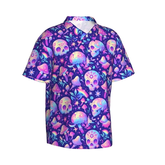 Goofa colorful mushroom Skull rainbow Hawaiian Shirt for Men, Unisex Summer Beach Casual Short Sleeve Button Down Shirts,Aloha Tropical Floral print shirt-Medium