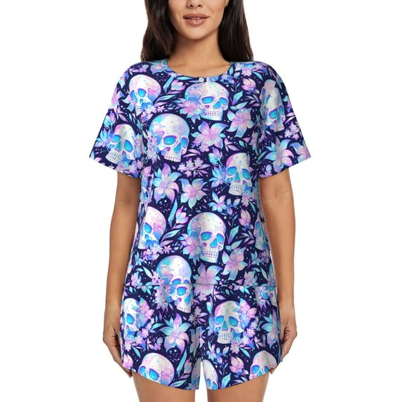 Goofa crystal Skull flower leaf for Womens Cotton 2 Piece Pajamas Set Classic Short Sleeve Pjs Set Soft Button Down Sleepwear Loungewear-XX-Large