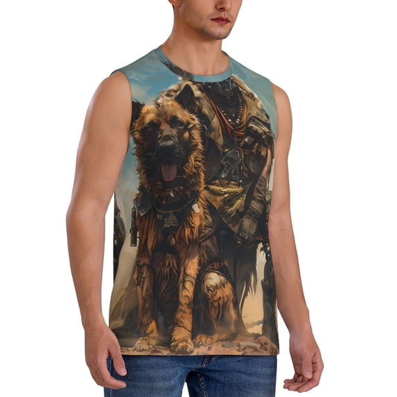 Goofa desert Man Shepherd Dog Printed Men's Sleeveless T-Shirt - Athletic Gym Workout Tank Top for Men - Moisture-Wicking, UPF 30+ Quick-Dry Muscle Tee-Small