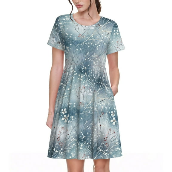 Goofa enchanted winter snowflake holly Pattern Women Summer Short Sleeve Midi Dress with Pockets Casual Aline Flowy Tshirt Dress Vocation Beach Sundress