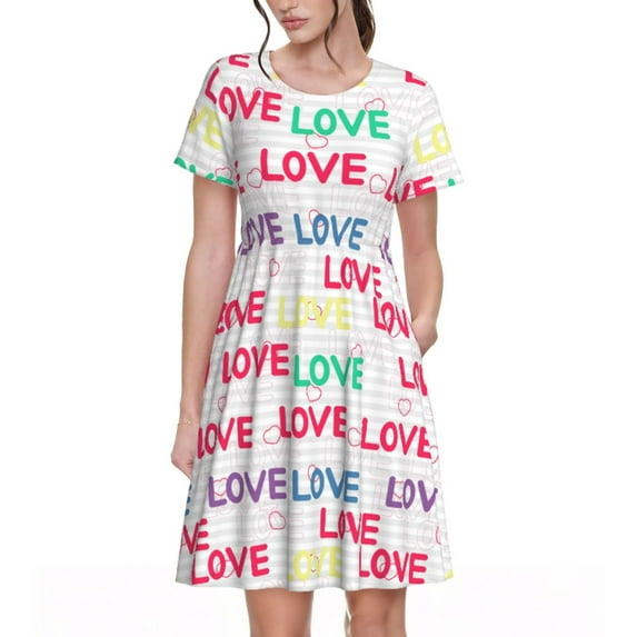 Goofa gray stripes and hearts Pattern Women Summer Short Sleeve Midi Dress with Pockets Casual Aline Flowy Tshirt Dress Vocation Beach Sundress