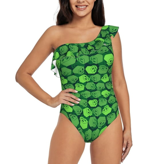 Goofa green Skull Pattern Women's One Piece Swimsuits Tummy Control Bathing Suits Asymmetric One Shoulder Swimwear-Large