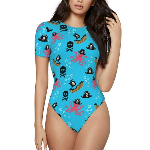 Goofa pirate Octopus Printed Women Rash Guard Short Sleeve,Tummy control Swimsuit Surfing Swimsuit Bathing Suit One Piece Swimsuit UPF 50-Medium