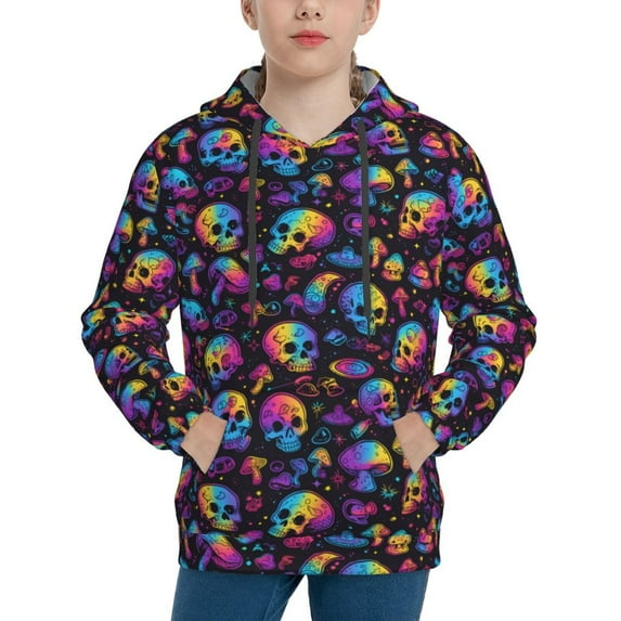 Goofa rainbow color Skull mushroom Pattern Hooded Sweatshirt for Youth Trendy youth sweatshirt Casual Hoodie for Boys and Girls-Small