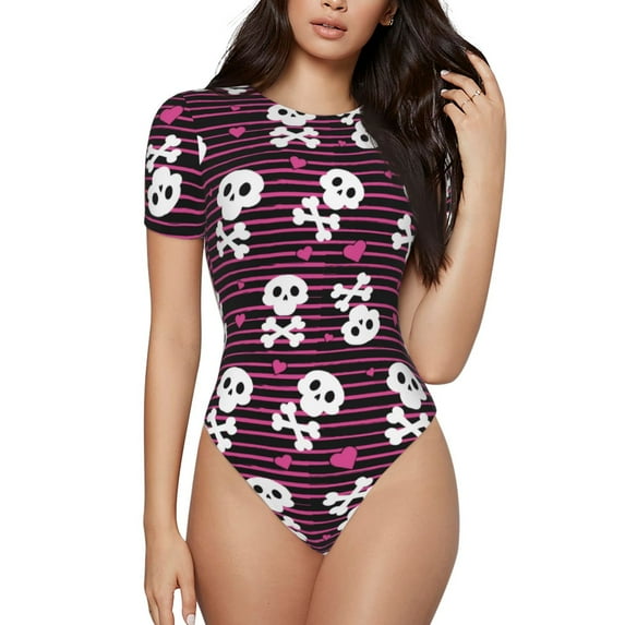 Goofa skull with hearts Printed Women Rash Guard Short Sleeve,Tummy control Swimsuit Surfing Swimsuit Bathing Suit One Piece Swimsuit UPF 50-Small