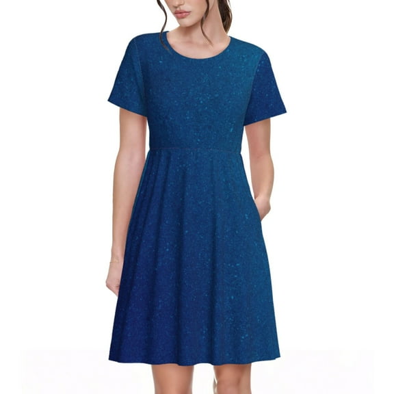 Goofa teal blue Pattern Women Summer Short Sleeve Midi Dress with Pockets Casual Aline Flowy Tshirt Dress Vocation Beach Sundress