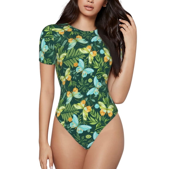 Goofa tropical butterflies and plants Printed Women Rash Guard Short Sleeve,Tummy control Swimsuit Surfing Swimsuit Bathing Suit One Piece Swimsuit UPF 50-Large