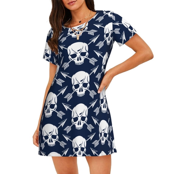Goofa white arrow Skull Print Women’s Cotton Nightdress – Short-Sleeved Sleep Dress, Casual Loose-Fit Lounge Wear, Comfortable and Stylish Sleepwear for Women