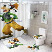 Goofy 4 Piece Shower Curtain Set with Non-Slip Rugs, Toilet Lid Cover and Bath Mat, Cartoon Bathroom Decor Waterproof Shower Curtain with 12 Hooks, 72 x 72inch