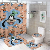 Goofy 4 Piece Shower Curtain Set with Non-Slip Rugs, Toilet Lid Cover and Bath Mat, Cartoon Bathroom Decor Waterproof Shower Curtain with 12 Hooks, 72 x 72inch