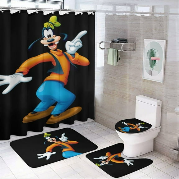 Goofy 4 Piece Shower Curtain Set with Non-Slip Rugs, Toilet Lid Cover and Bath Mat, Cartoon Bathroom Decor Waterproof Shower Curtain with 12 Hooks, 72 x 72inch