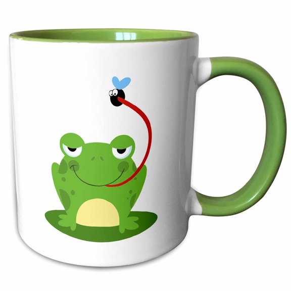 3drose, Goofy Frog Catching a Fly Funny Animal Cartoon, 11oz Two-tone Green Mug