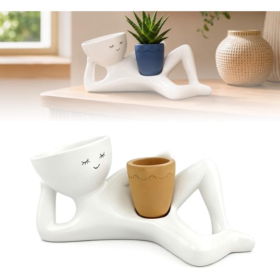 Goofy Garden Planter Funny Lazy Guy Flower Pot Indoor Succulent Decor, Plant Pot for Desk Shelf Office Home Funny Plant Pots Lazy Guy Planter Gift (Yellow)