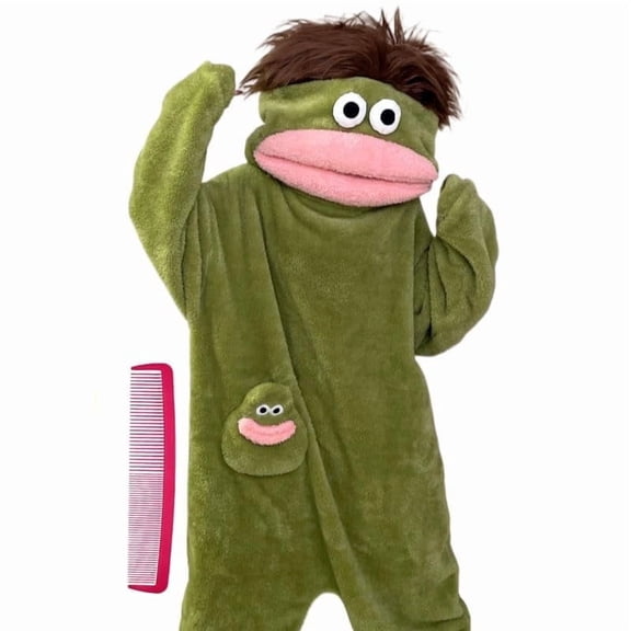 Big Mouth Monster Costume Onesie for Adults – Goofy Hooded Pajamas with Comb Prop, Baggy Fit for Halloween Size L