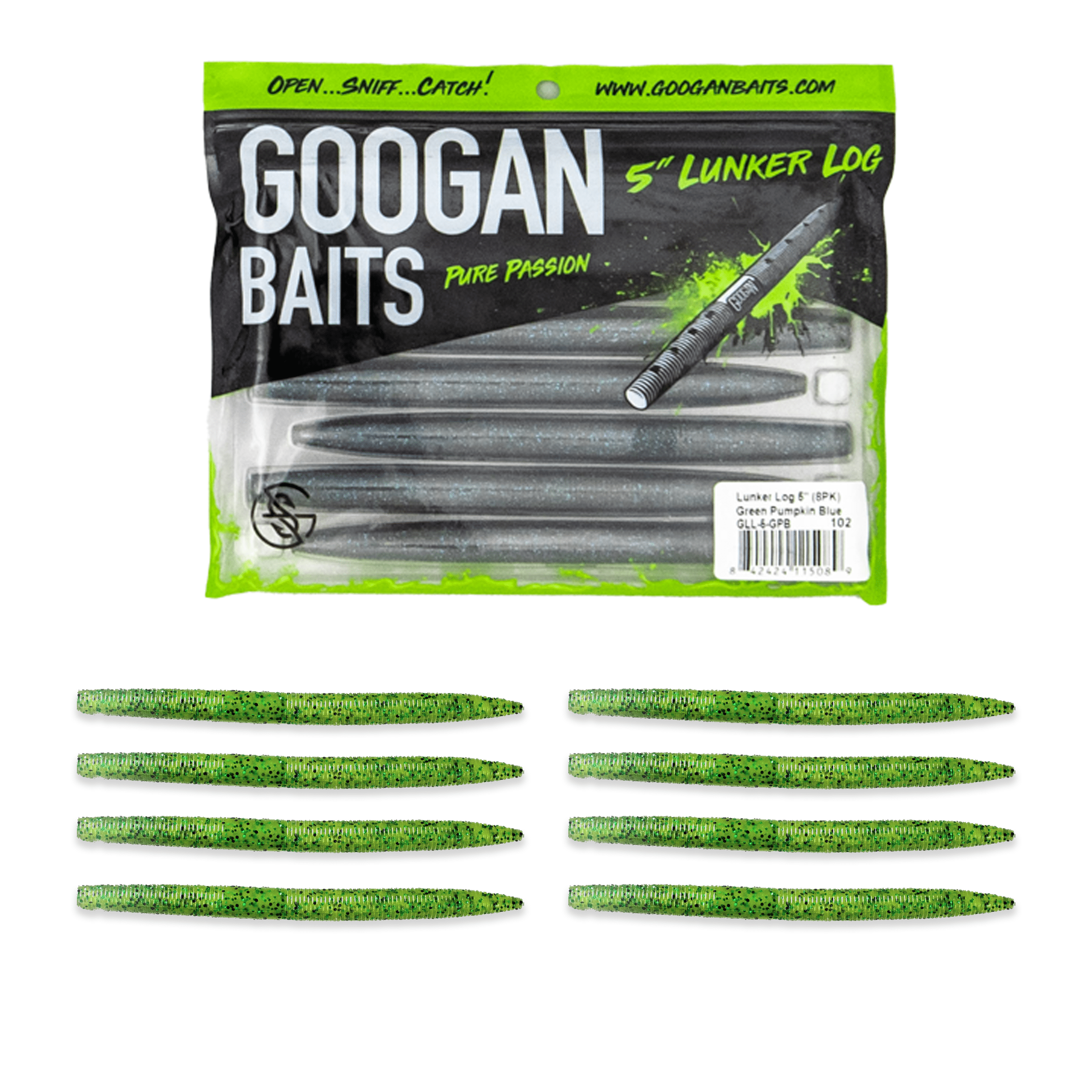 Appâts Googan Lunker Log 5 Pouces, Green Pumpkin Blue, 8 Par Pack (total 24), Neufs