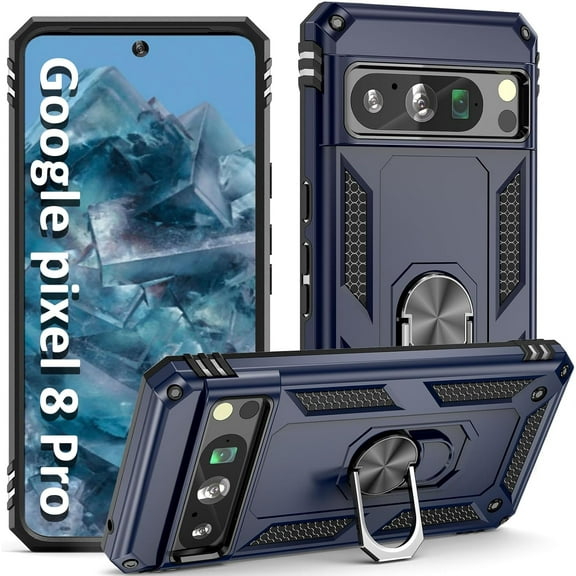 for Google 8 Pro Phone Case:Google Pixel 8 Pro Case with Magnetic Finger Ring Stand,Heavy Duty Rugged Protective Bumper Cover for Google Pixel 8 Pro Blue Men