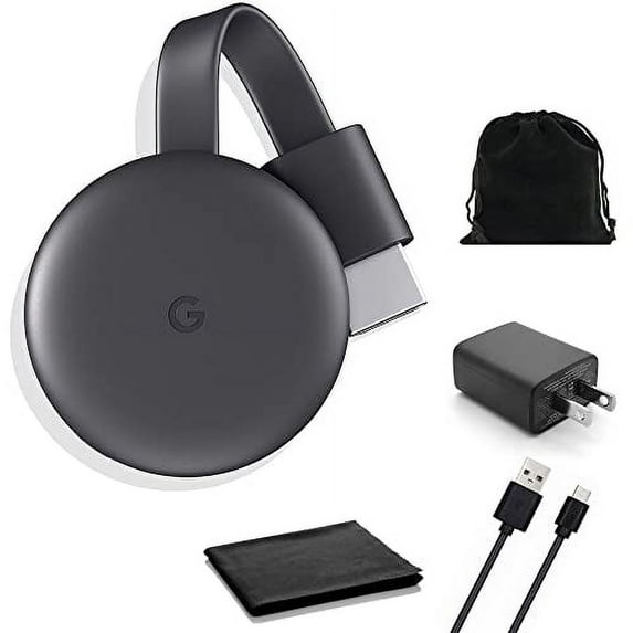 Google Chromecast - Streaming Device with HDMI Cable - Stream Shows, Music, Photos, and Sports from Your Phone to Your TV with Microfiber Cloth and Travel Carrying Pouch - Charcoal