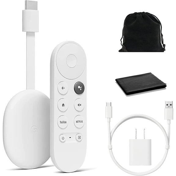 Google Chromecast - Streaming Device with HDMI Cable and Voice Search Remote - Stream Shows, Music, Photos, Sports from Phone to TV - Includes Cleaning Cloth, Pouch - HD Version - Snow