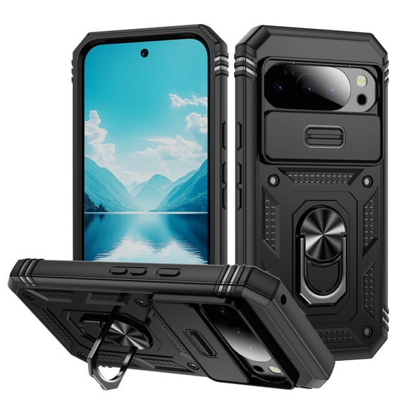 for Google Pixel 10 /10 Pro 3-in-1 Phone Case with Slide Camera Cover, Build in 360° Rotating Ring Stand, Military Grade Protective Shockproof Heavy Duty Phone Case for Google Pixel 10 /10 Pro,D