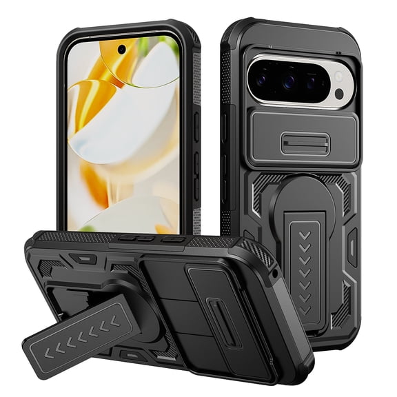 For Google Pixel 10 /10 Pro/9/9Pro Phone Case,WIth Invisible Kickstand,Sliding Camera Cover,Military Grade Protective Heavy Duty Protection Shockproof Anti-Scratch Rugged Durable Phone Case,Black