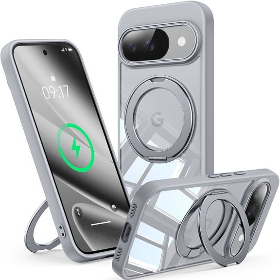 JETeacka for Google Pixel 10 Pro Case 360° Rotatable Stand, Pixel 10 Magnetic Case Shockproof Lens Protection Anti-Yellowing, Gray