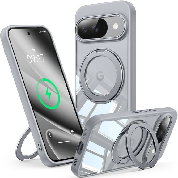 JETeacka for Google Pixel 10 Pro Case Mag-Safe Compatible 360° Rotatable Stand, Pixel 10 Magnetic Case Shockproof Lens Protection Anti-Yellowing, Gray