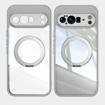 for Google Pixel 10 / 10 Pro Case with Magnetic Rotating Ring Stand, Crystal Clear Design Drop Protection Non-Yellowing Shockproof Tempered Glass Back Cover for Google Pixel 10 / 10 Pro, Gray
