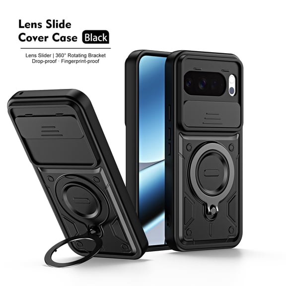 For Google Pixel 10 /10 Pro Case, Military Grade Heavy Duty Shockproof Cover with Slide Camera Lens Protection 360° Rotatable Ring Magnetic Kickstand, Rugged PC & TPU Dual Layer Bumper,Black