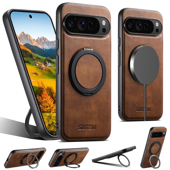 for Google Pixel 10 /10 Pro Case PU Leather, [Compatible with MagSafe] [360° Rotatable Ring Kickstand] Cover for Google Pixel 10 /10 Pro Lightweight Anti-Fall Phone Case Magnetic Ultra Slim - Brown