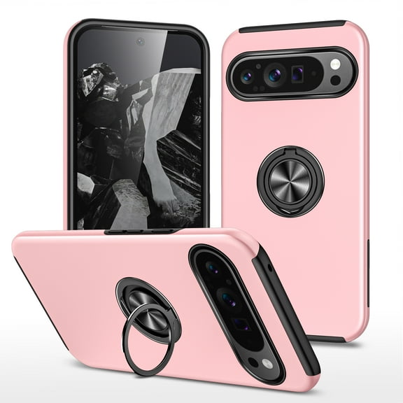 for Google Pixel 10 / 10 Pro Case with Ring Stand, 360° Rotatable Ring Holder Magnetic Stand, 2-Layer Heavy Duty Shockproof Rugged Hybrid Hard PC Soft Rubber Case for Google Pixel 10/10 Pro,Rosegold