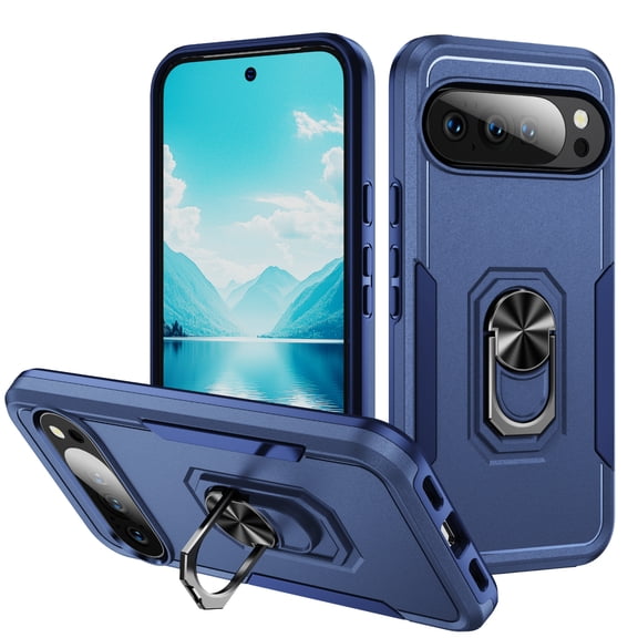 for Google Pixel 10 /10 Pro Case, Slim Fit Military Grade Drop Tested Dual Layer Shockproof Case with 360 Ring Holder Kickstand Protective Rugged Car Magnetic Non-Slip Phone Case,Blue