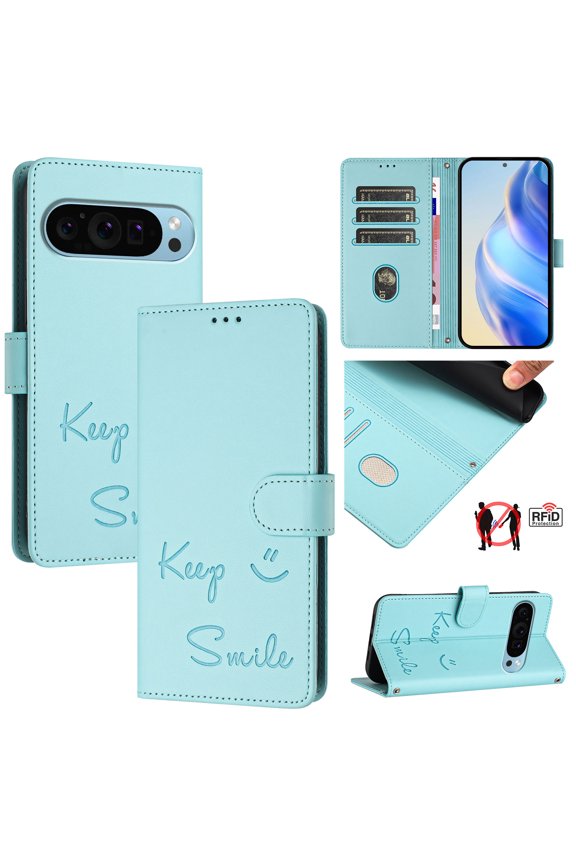 for Google Pixel 10 /10 Pro Case Wallet with RFID Blocking Card Holder, Shoulder Strap & Wrist Strap, Smile Pattern PU Leather Magnetic Clasp Flip Purse Case for Google Pixel 10 /10 Pro, Mint