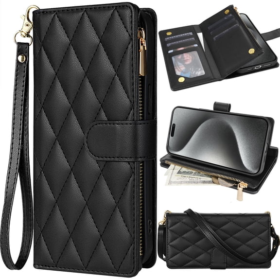 for Google Pixel 10/10 Pro Crossbody Wallet Leather Phone Case, Handbag Purse Zipper Pocket Folio Flip Cover Kickstand, Multi Card Holder Cash Slot Magnetic Buckle Wrist Lanyard Shoulder Strap