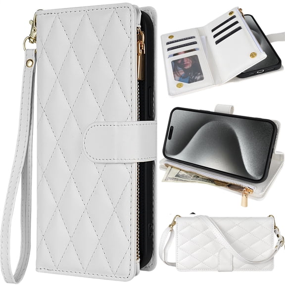 for Google Pixel 10/10 Pro Crossbody Wallet Leather Phone Case, Handbag Purse Zipper Pocket Folio Flip Cover Kickstand, Multi Card Holder Cash Slot Magnetic Buckle Wrist Lanyard Shoulder Strap