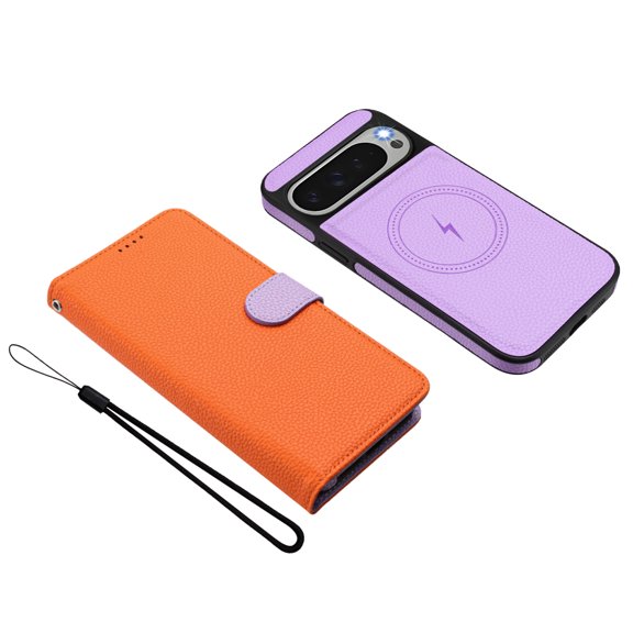 For Google Pixel 10 /10 Pro Flip Phone Case,2-in-1 Magnetic Detachable Flip Cover,Compatible with Mag-Safe,Two-Color Design,Flip Foldable Kickstabd,With Card Slots,Shockproof Phone Case,Orange
