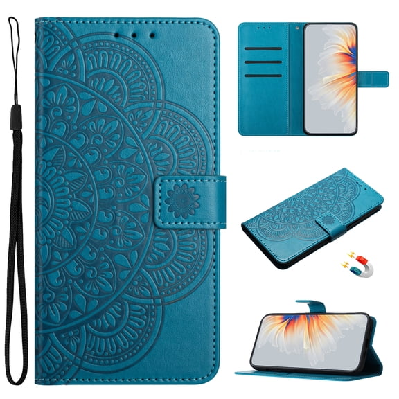 for Google Pixel 10/10 Pro Floral Embossed Wallet Flip Case, with Card Slots Wrist Strap Kickstand Shockproof Full Body Protection Fashion Magnetic Closure Cover for Google Pixel 10/10 Pro, Blue