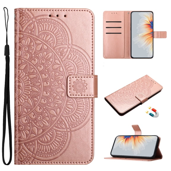 for Google Pixel 10/10 Pro Floral Embossed Wallet Flip Case, with Card Slots Wrist Strap Kickstand Shockproof Full Body Protection Fashion Magnetic Closure Cover for Google Pixel 10/10 Pro, Rosegold