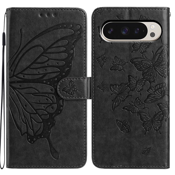 For Google Pixel 10 /10 Pro Folio Wallet Case with Wrist Strap, Embossed Butterfly Pattern, Lightweight Protective PU Leather Phone Case with Credit Card/Cash Slots, Magnetic Closure, Black