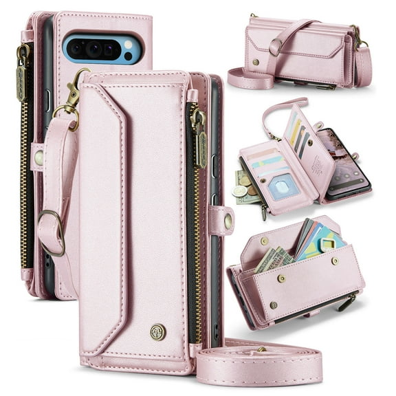 for Google Pixel 10 / 10 Pro Full Body Protection Wallet Folio Flip Case, Shoulder Strap & Wristlet Card Slots Zipper Pocket RFID Blocking Rugged Durable PU Leather Phone Case Cover, Pink