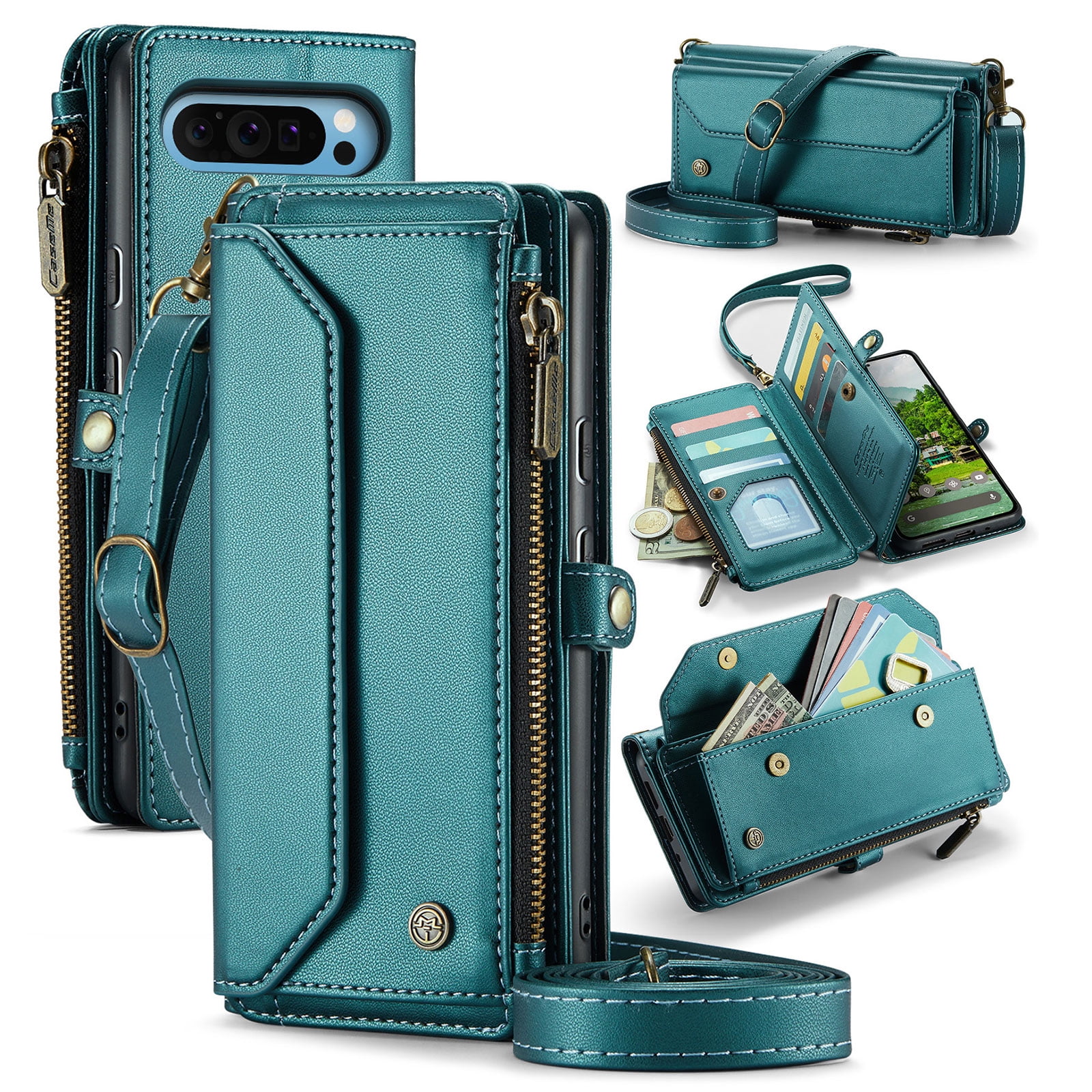 for Google Pixel 10 / 10 Pro Full Body Protection Wallet Folio Flip Case, Shoulder Strap & Wristlet Card Slots Zipper Pocket RFID Blocking Rugged Durable PU Leather Phone Case Cover, Green