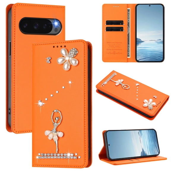For Google Pixel 10 /10 Pro Phone Case,Anti-Scratch PU Leather Flip Folding Kickstand,Luxury Diamond Ballet Dancer Pattern Design,With Card Holder,Shockproof Anti-fall Flip Wallet Case,Orange